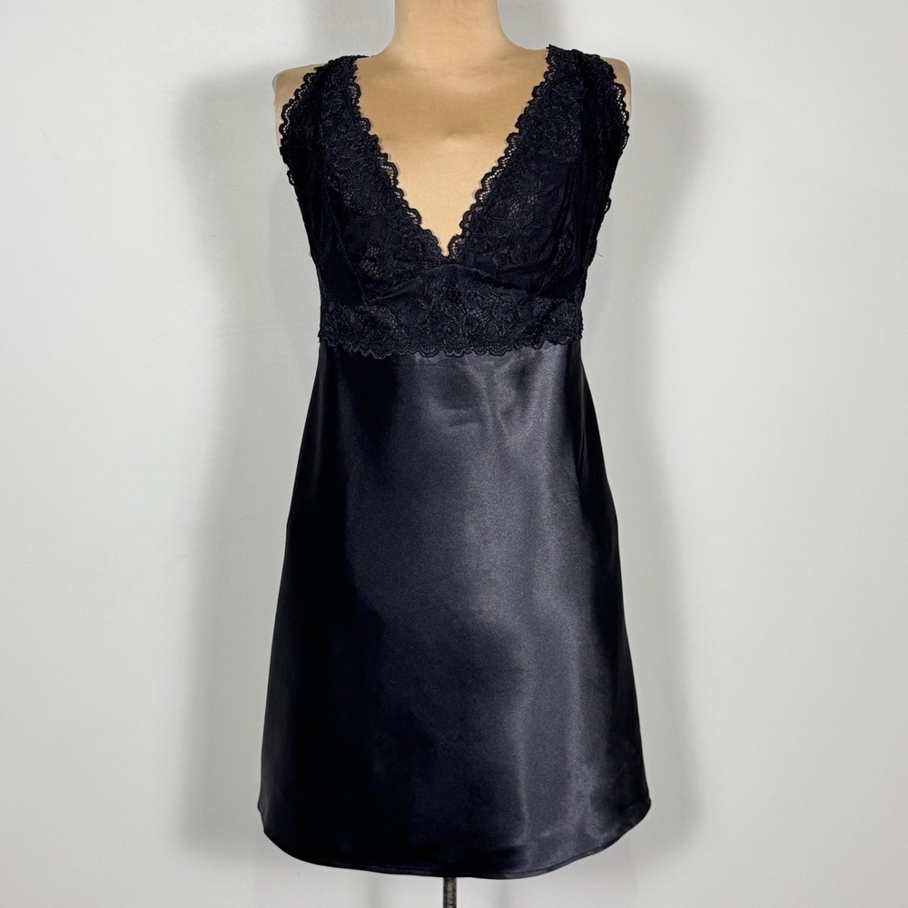 Jones New York Lace Trim‎ Slip Dress Black Satin Large Whimsigoth Plunging Neck